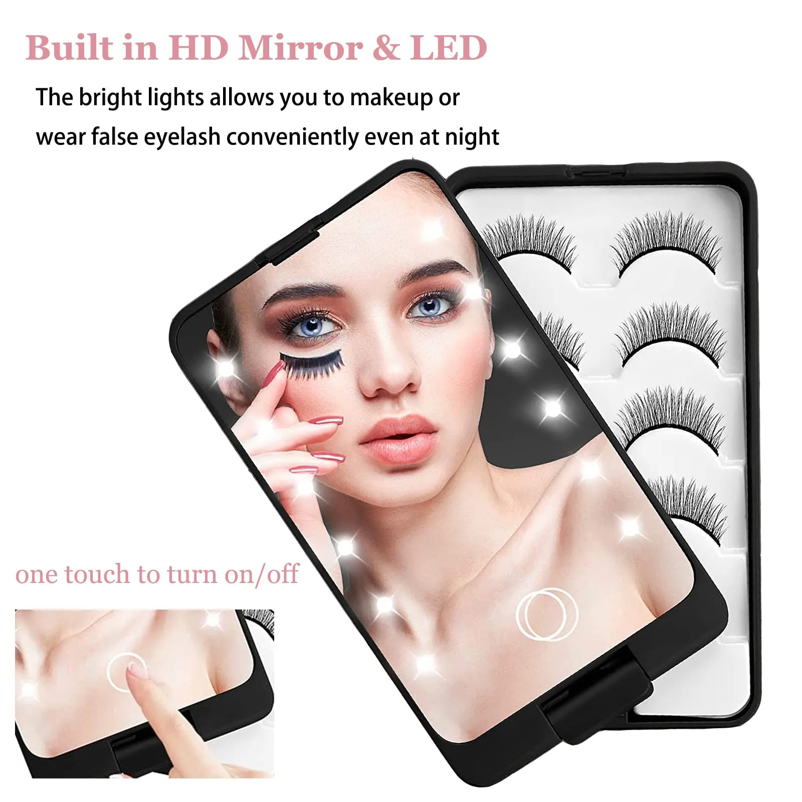 Eyelash Storage Case, AREMOD LED Lash Mirror Rechargeable Eyelash Holder False Lash Organizers and Storage Box Empty with Light Travel Cosmetic Container for Makeup(Black)