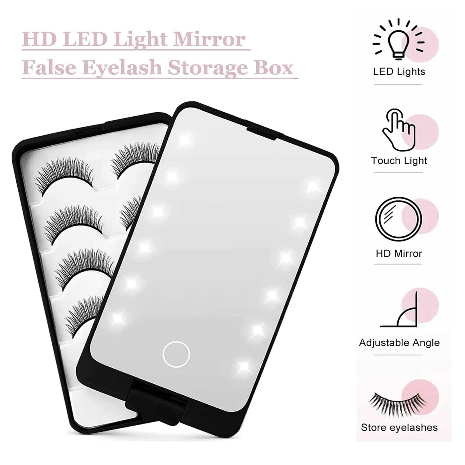 Eyelash Storage Case, AREMOD LED Lash Mirror Rechargeable Eyelash Holder False Lash Organizers and Storage Box Empty with Light Travel Cosmetic Container for Makeup(Black)