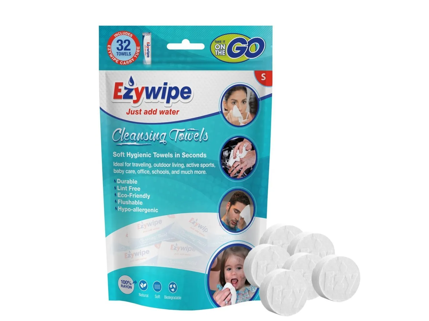 Ezywipe 32 Pieces Expandable Wipes Reusable Coin Tissue Towel for Travel, Camping, Hiking, Makeup Remover, Hand Wipes -Super Absorbent- Hypoallergenic