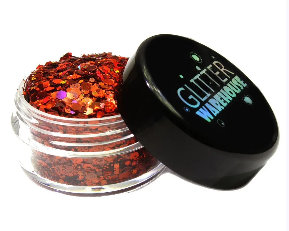 Fire Orange Holographic Chunky Glitter Mix GLITTERWAREHOUSE COSMETIC GLITTER Loose Glitter Powder for Festival Beauty Makeup Face Body Hair Nails Eyes Lips (50g Resealable Bag)