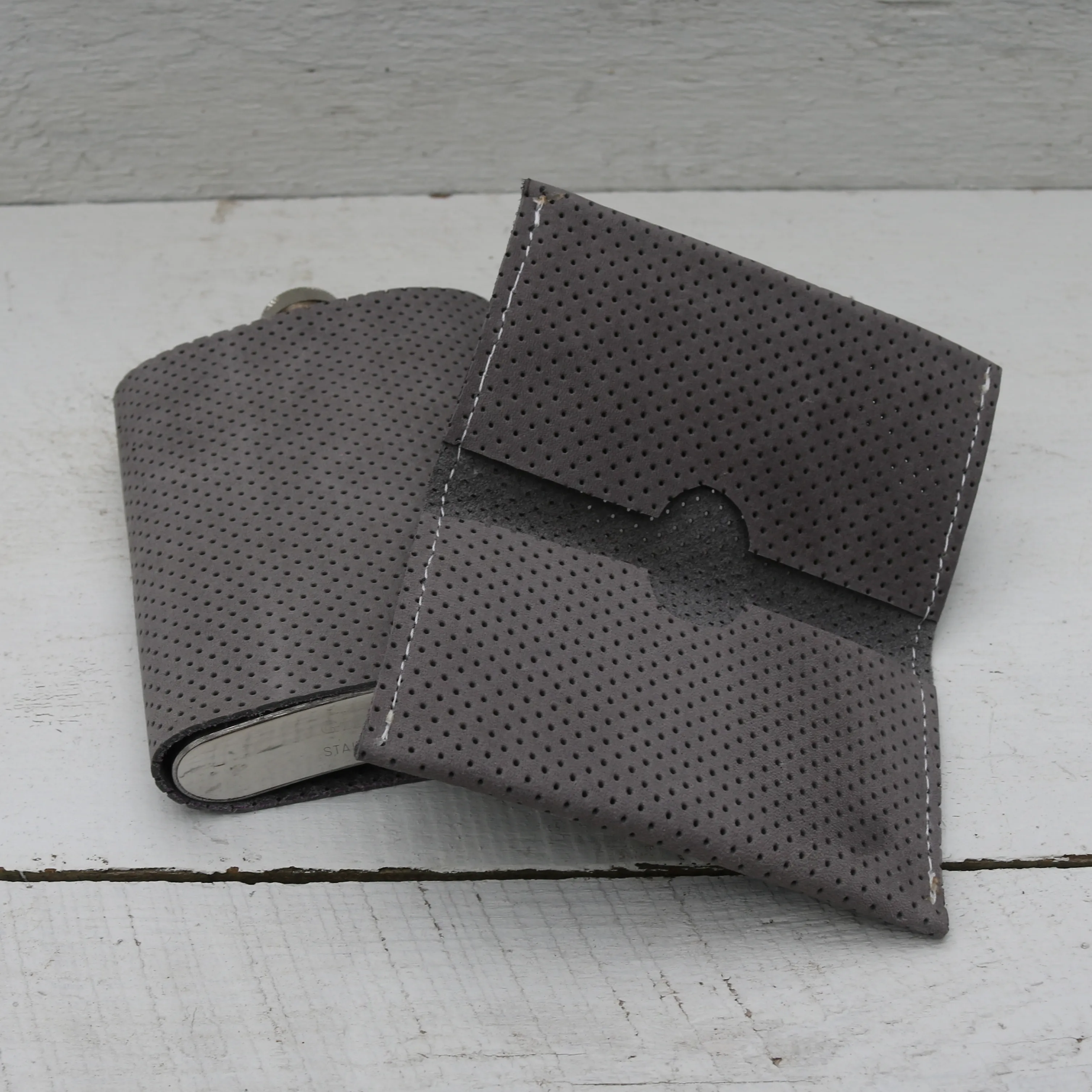 Gift set: Grey perforated leather flask and wallet