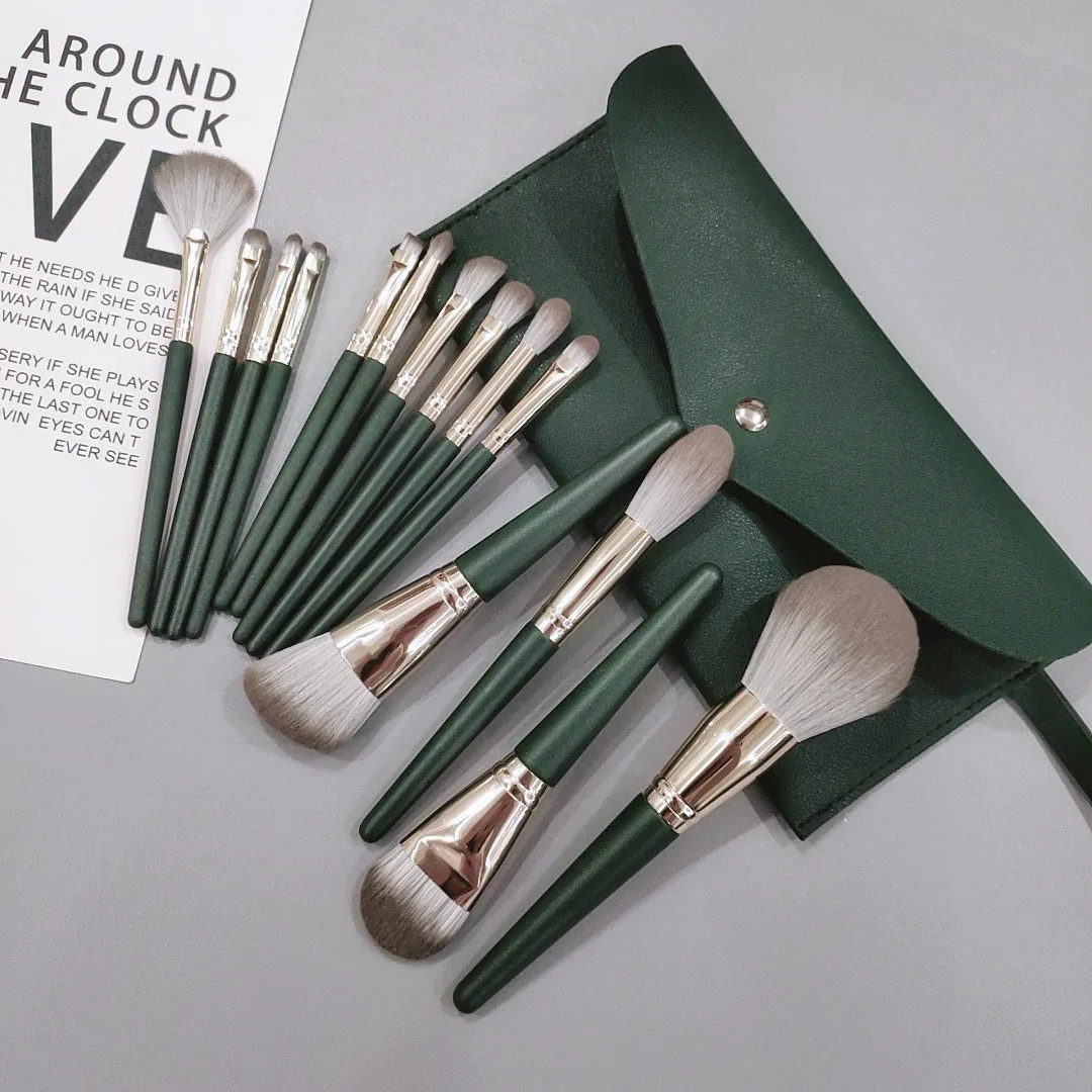 Green Cloud 14-piece makeup brush set for beginners, super soft, complete set of beauty tools, loose powder eye shadow brush, supports dropshipping