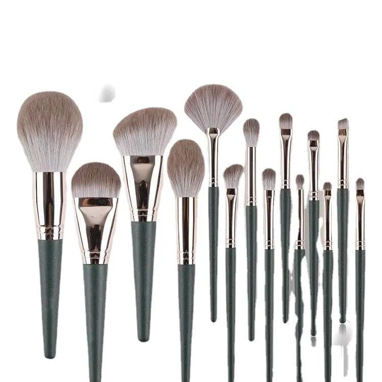 Green Cloud 14-piece makeup brush set for beginners, super soft, complete set of beauty tools, loose powder eye shadow brush, supports dropshipping