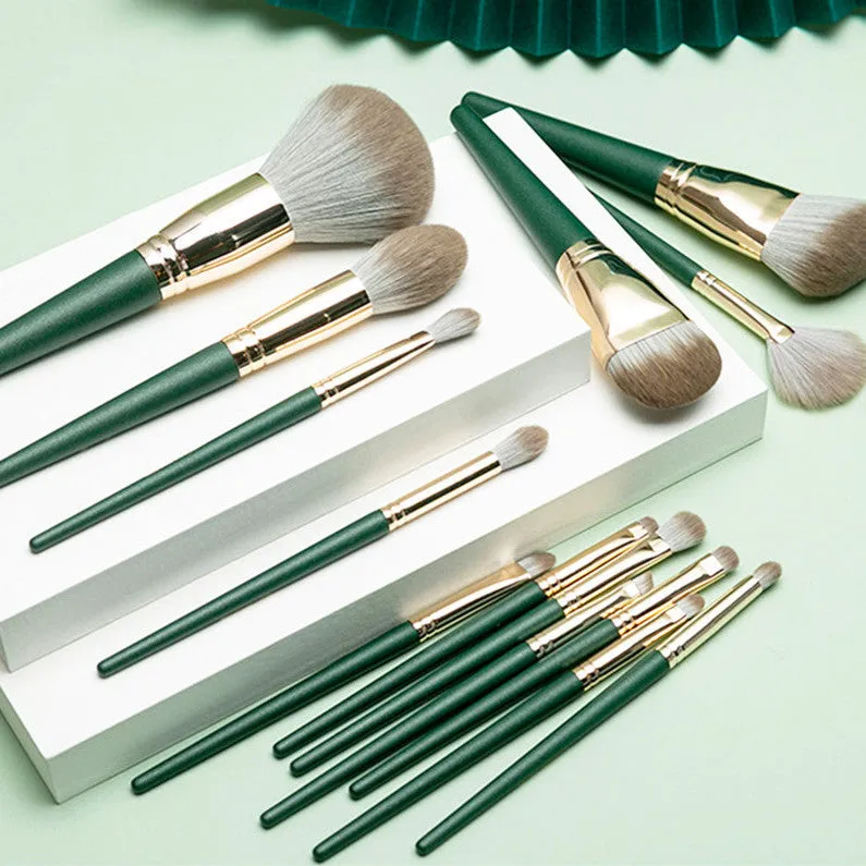 Green Cloud 14-piece makeup brush set for beginners, super soft, complete set of beauty tools, loose powder eye shadow brush, supports dropshipping