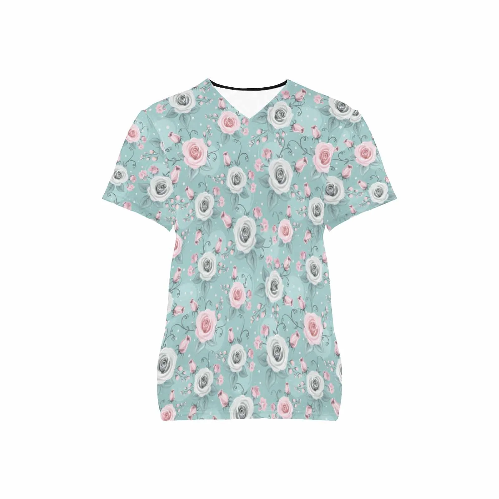 Green Pastel Roses  Women's V Neck Scrub Top Nurse Uniform with Deep Front Pockets
