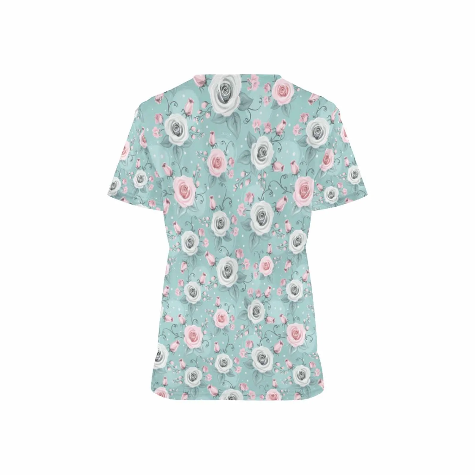 Green Pastel Roses  Women's V Neck Scrub Top Nurse Uniform with Deep Front Pockets