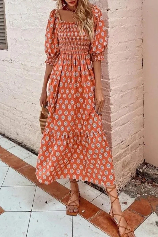 Half Puff  Sleeve Print Midi Dress