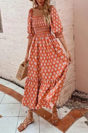 Half Puff  Sleeve Print Midi Dress