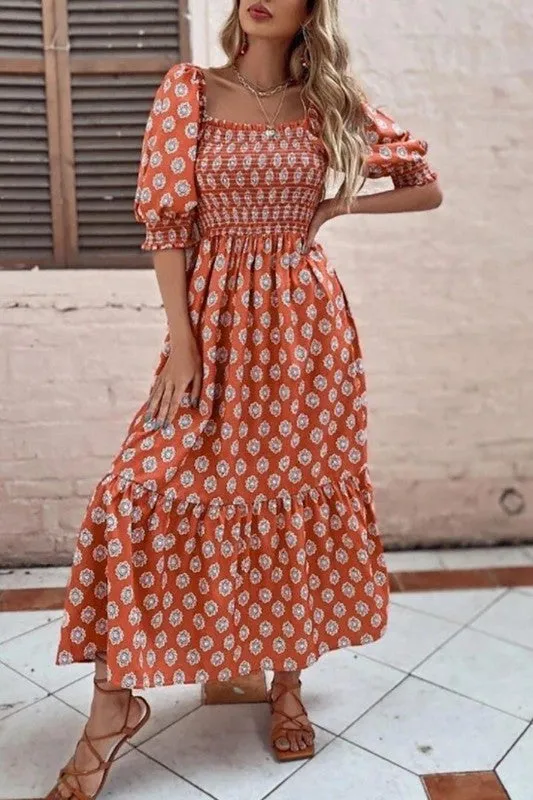 Half Puff  Sleeve Print Midi Dress