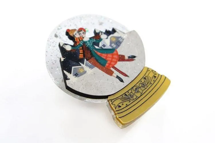 Ice Skating Snow Globe Brooch by Laliblue