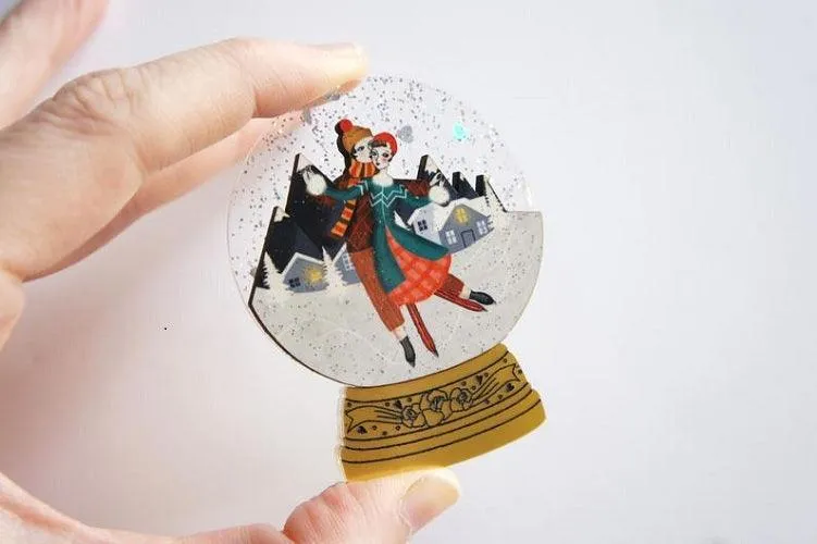 Ice Skating Snow Globe Brooch by Laliblue