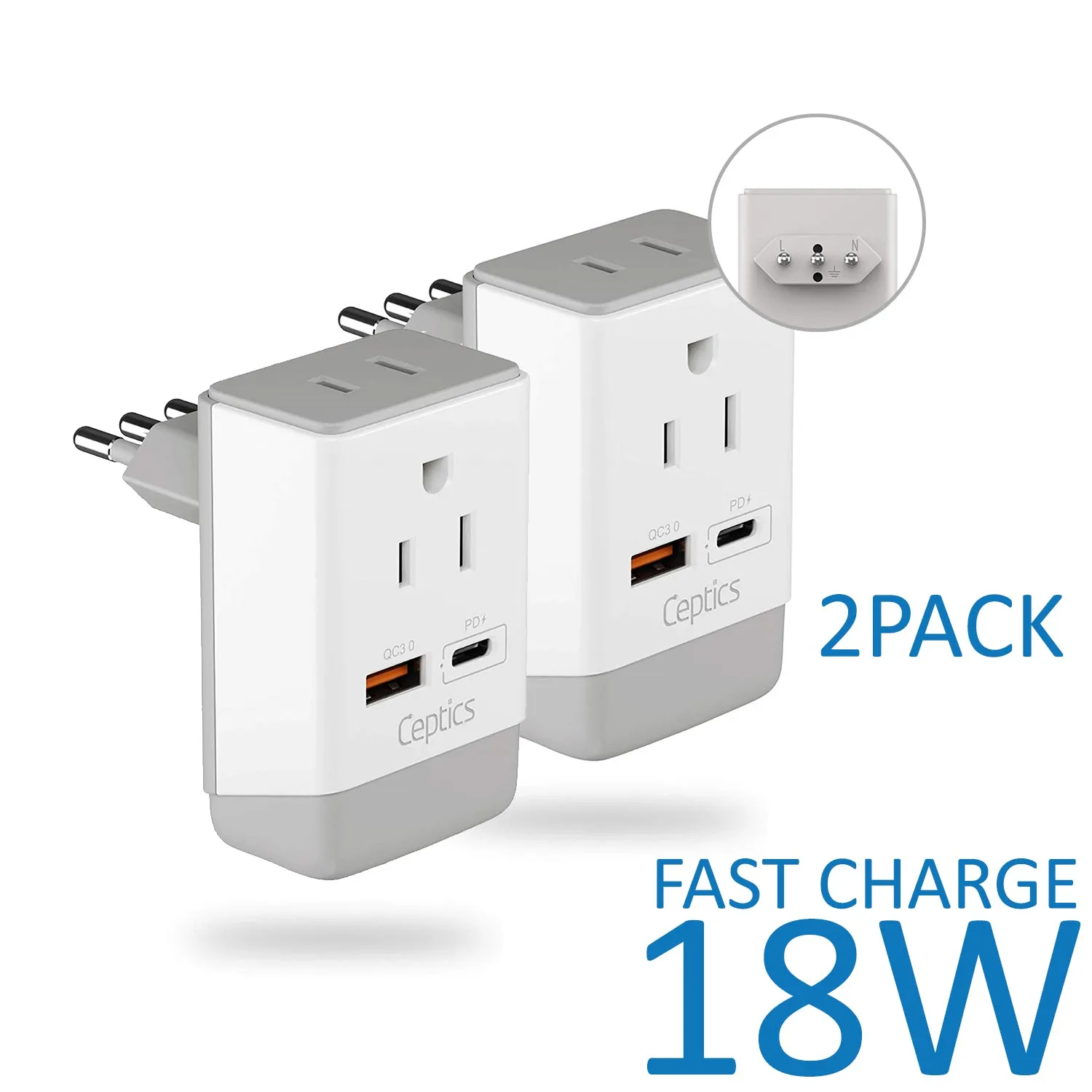 Italy, Chile Travel Adapter | Type L - USB-A & USB-C Ports   2 USA Outlet (AP-12)