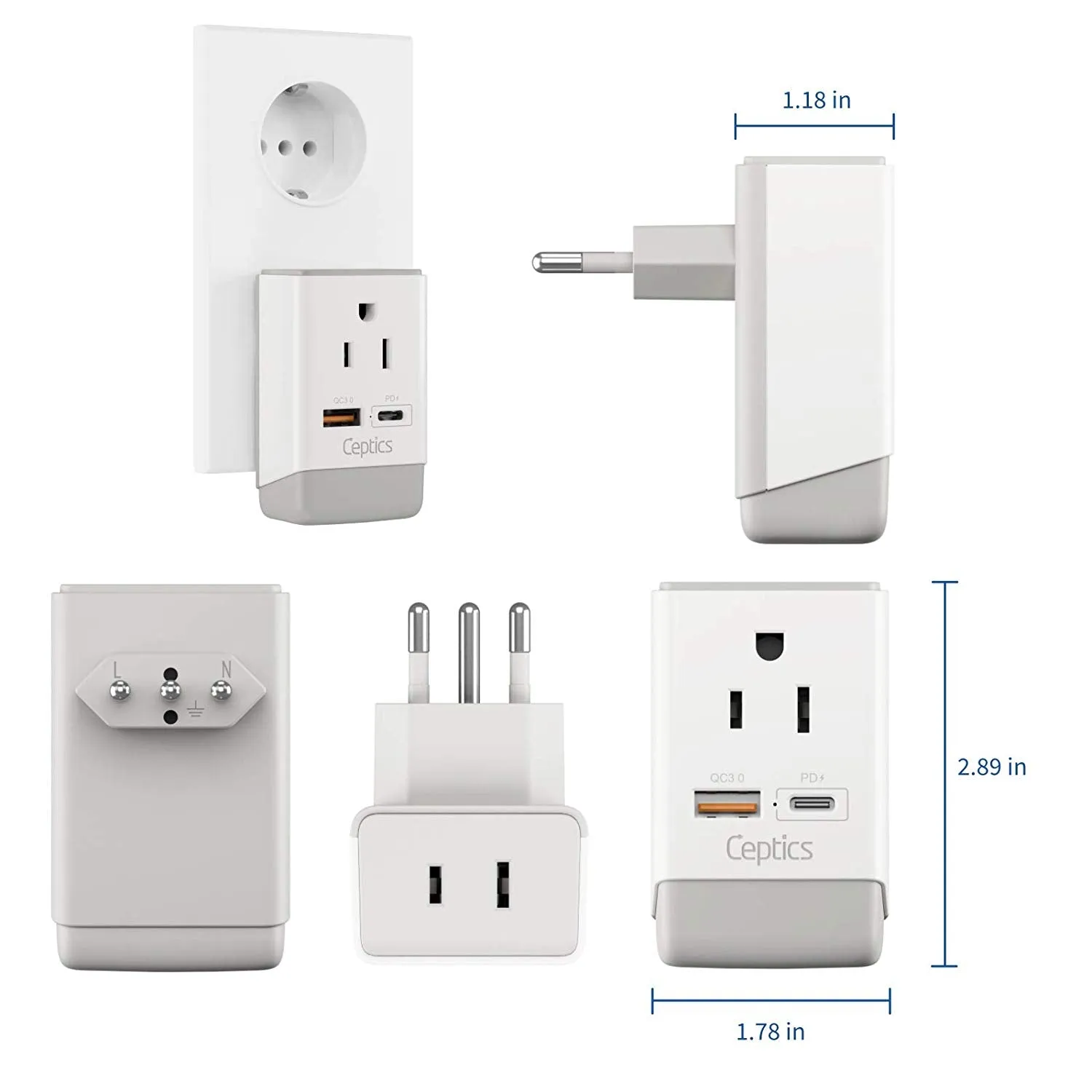 Italy, Chile Travel Adapter | Type L - USB-A & USB-C Ports   2 USA Outlet (AP-12)