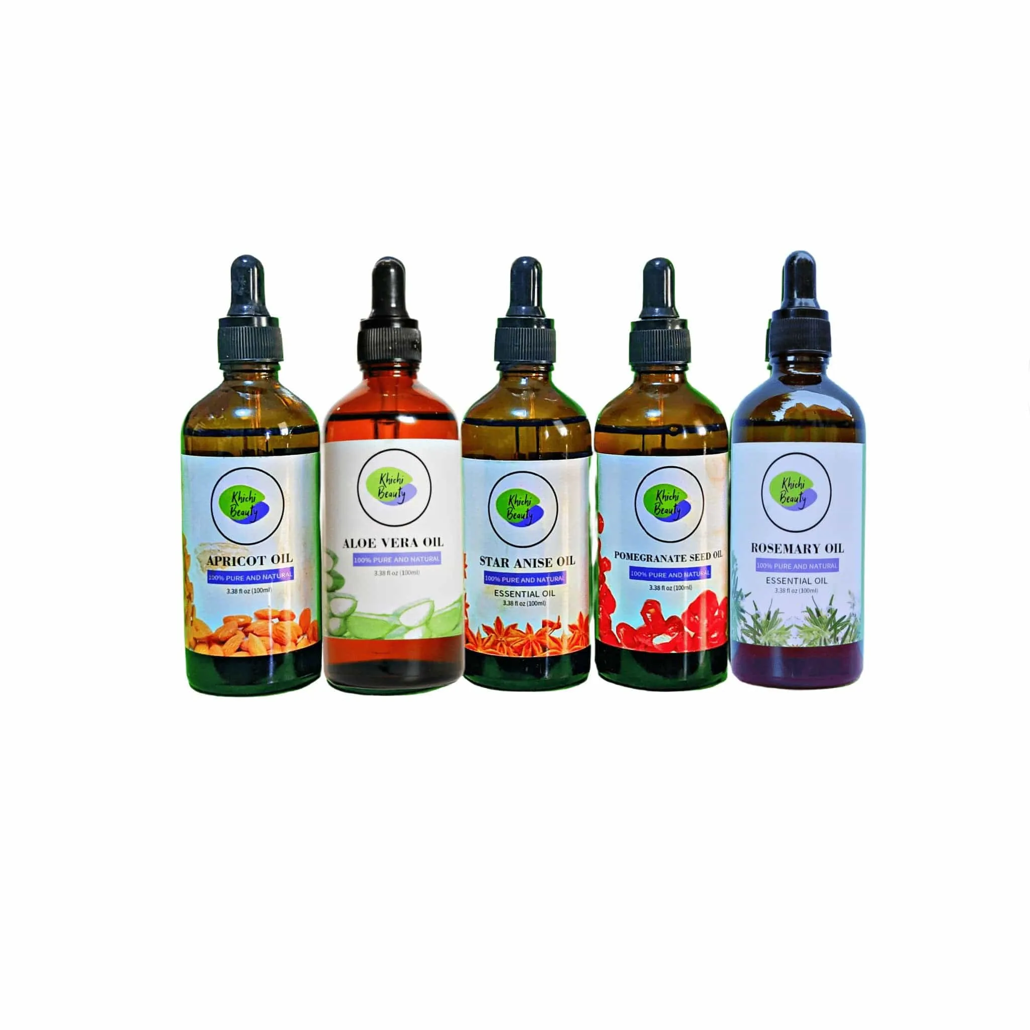 Khichi Beauty 5 Pack Moisturizing Oils, Star Anise, Pomegranate, ,Aloe Vera, Rosemary And Apricot 3.38 Fl Oz Bottles Each.