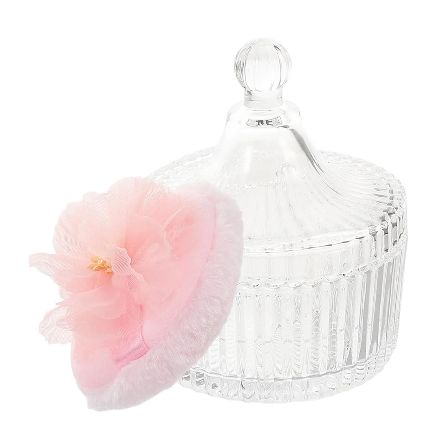 LIFKOME 1Set Soft Powder Puff with Elegant Ribbon Flower Design and Glass Storage Jar Dual Sided Functionality for Application Includes Dusting Powder