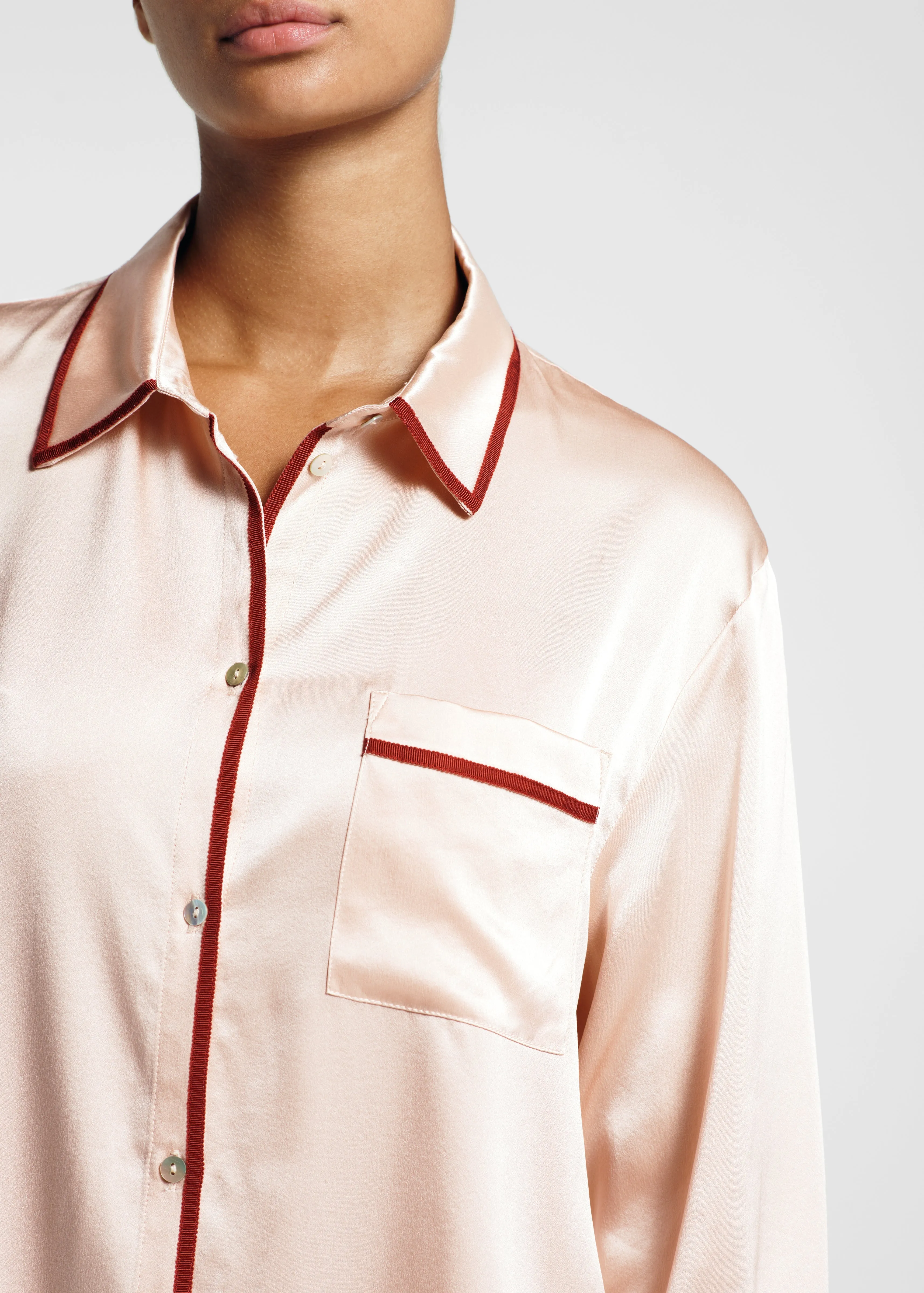 London Pyjama Top Blush Ribbon Piped Silk