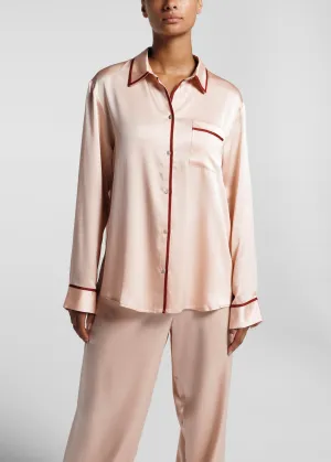London Pyjama Top Blush Ribbon Piped Silk