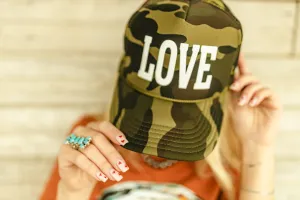 Love in Block Puff Lettering on Foam Trucker Cap