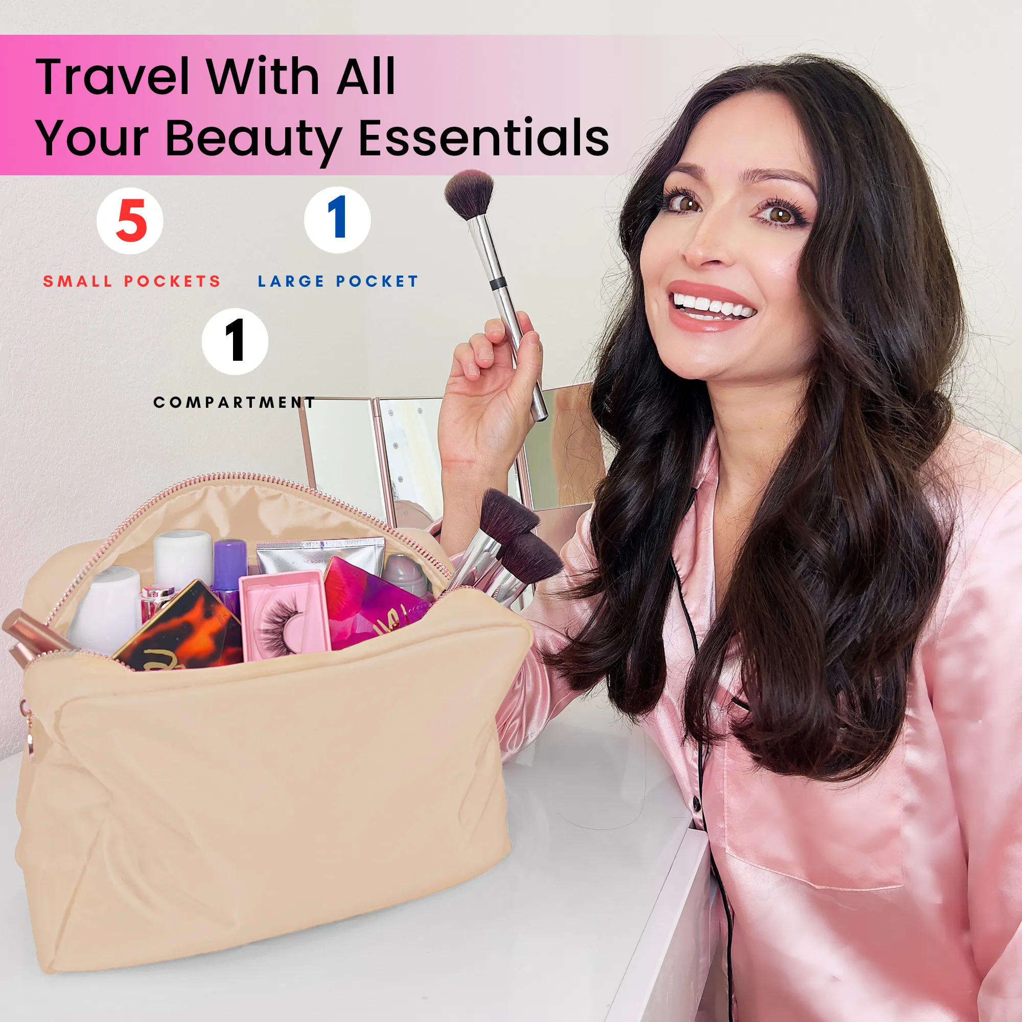Makeup Bag With Compartments, Make Up Bag, Travel Makeup Bag, Cosmetic Bag, Makeup Case, Travel Cosmetic Bags for Women, Large Makeup Bag Organizer, Makeup Pouch, Makeup Travel Bag, Beige Makeup Bags