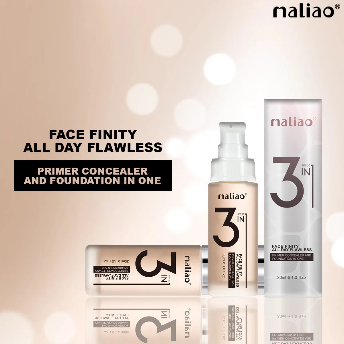 Maliao 3-IN-1 Face Finity Primer, Concealer & Foundation - Flawless All Day