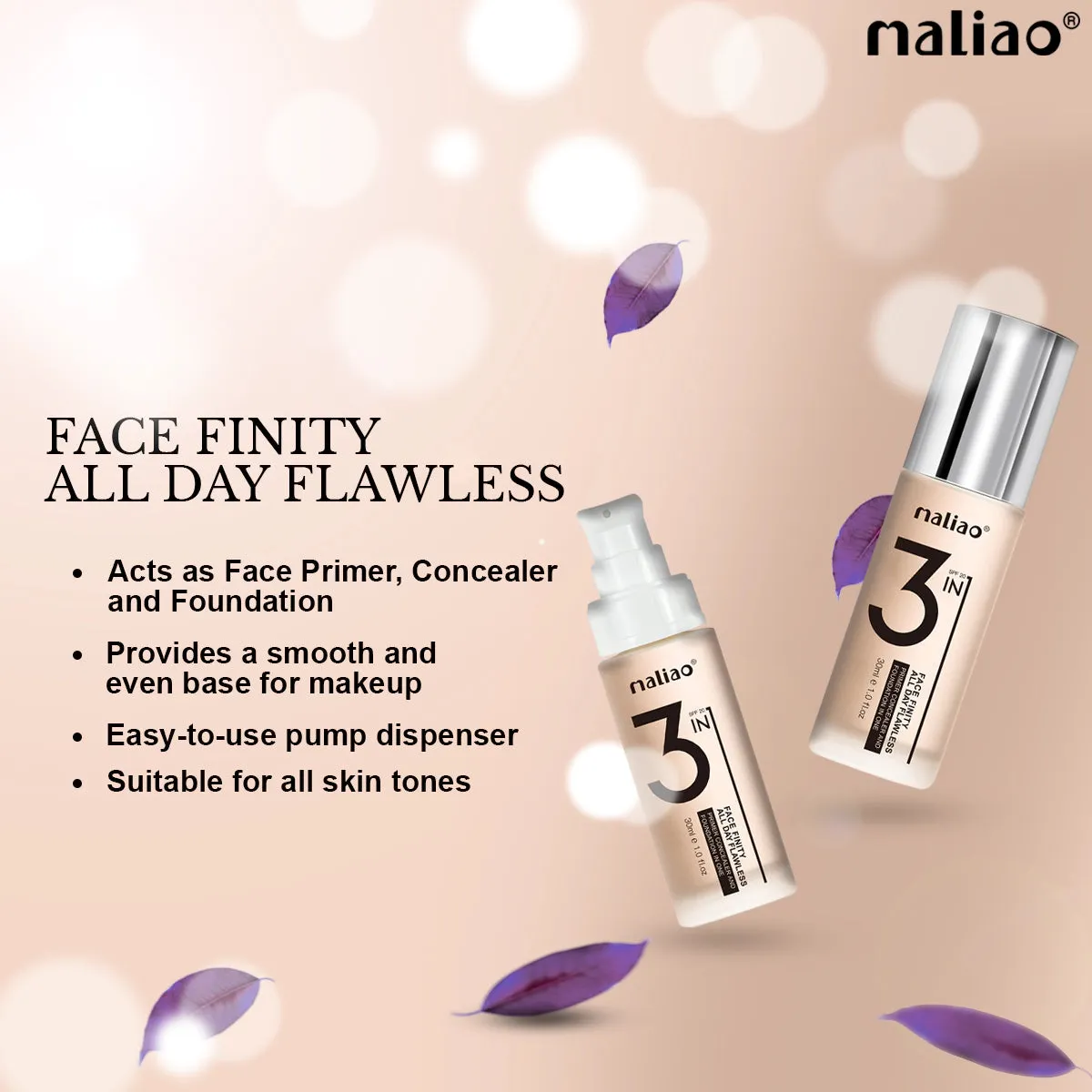 Maliao 3-IN-1 Face Finity Primer, Concealer & Foundation - Flawless All Day
