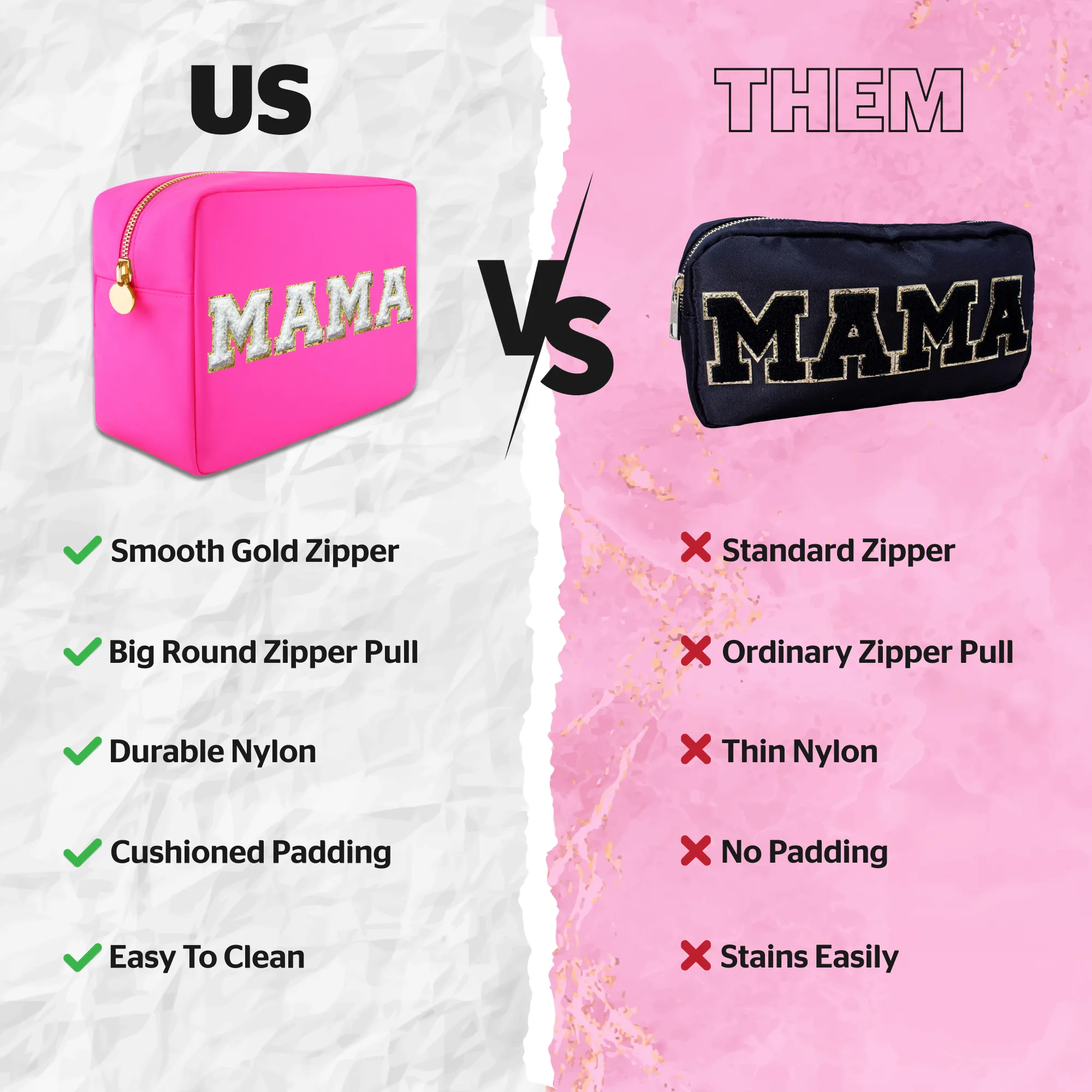 MAMA Bag Nylon Makeup Bag Large - Hot Pink Cosmetics Bag For Women