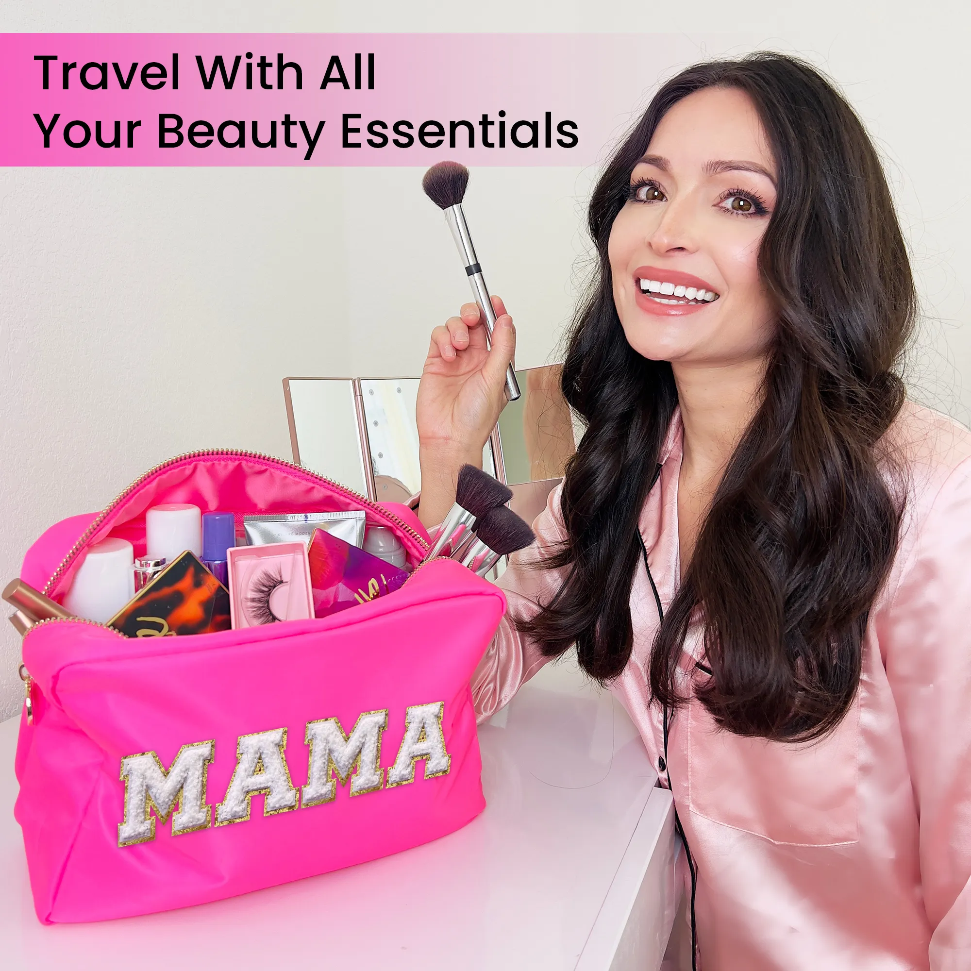 MAMA Bag Nylon Makeup Bag Large - Hot Pink Cosmetics Bag For Women