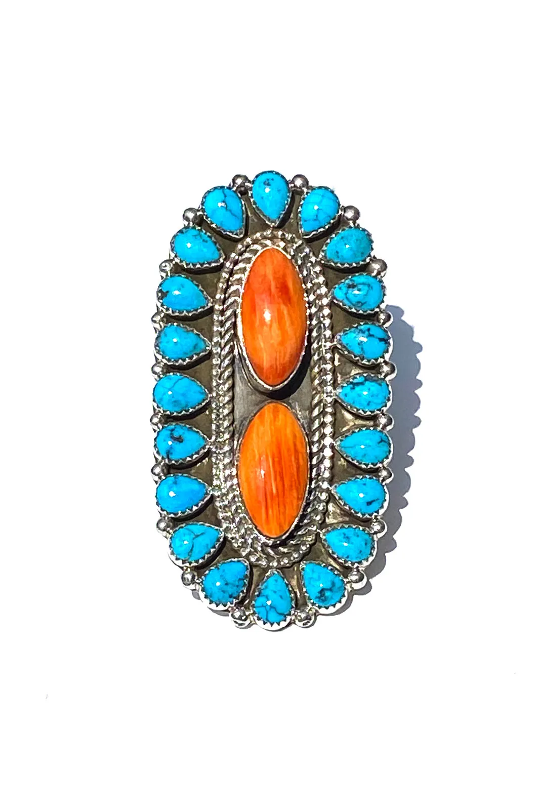 Merle House Navajo Turquoise and Spiny Shell Statement Ring (Size 7 ½)