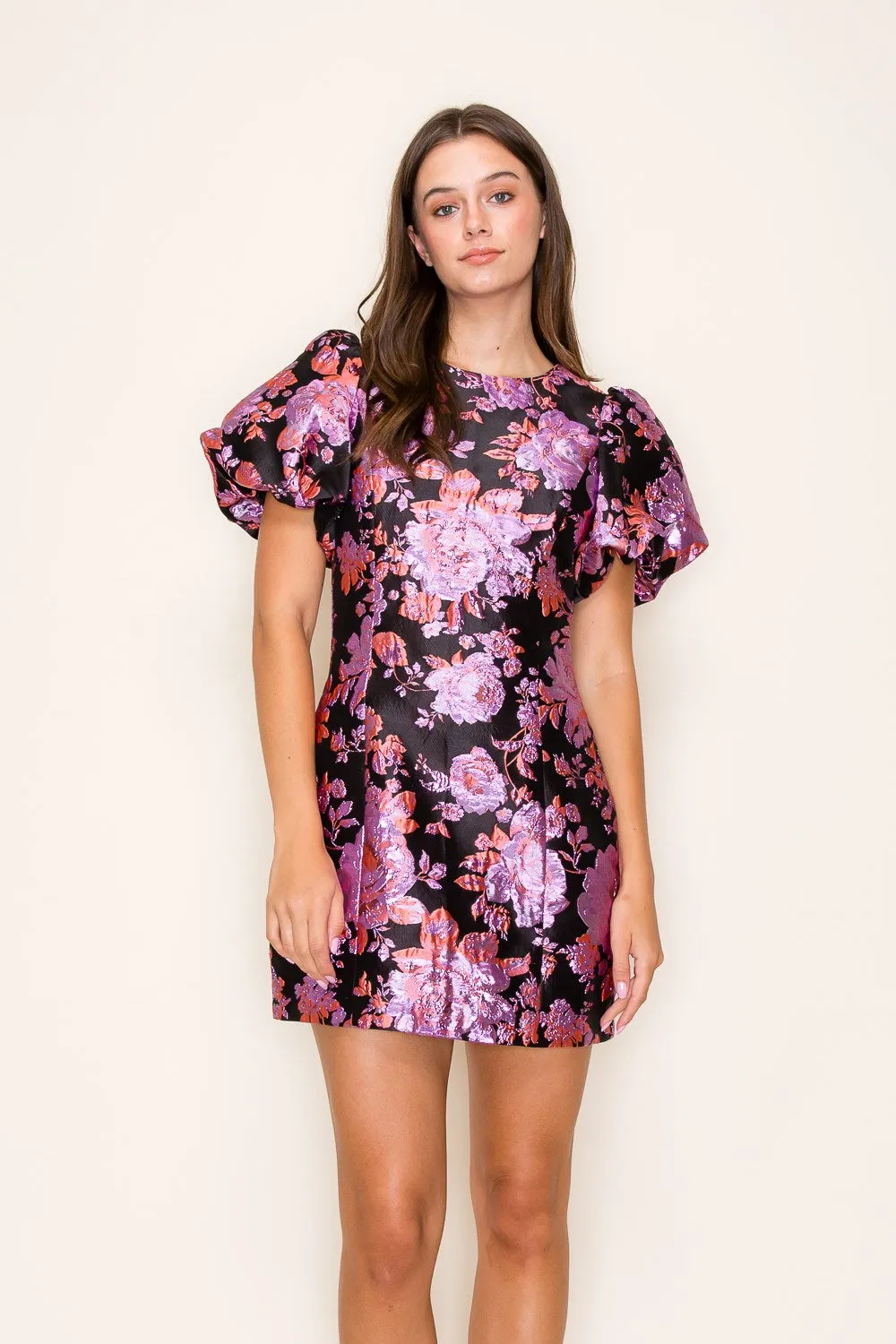 metallic floral jacquard puff sleeve dress