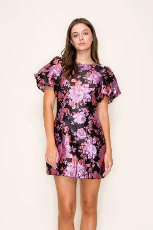 metallic floral jacquard puff sleeve dress