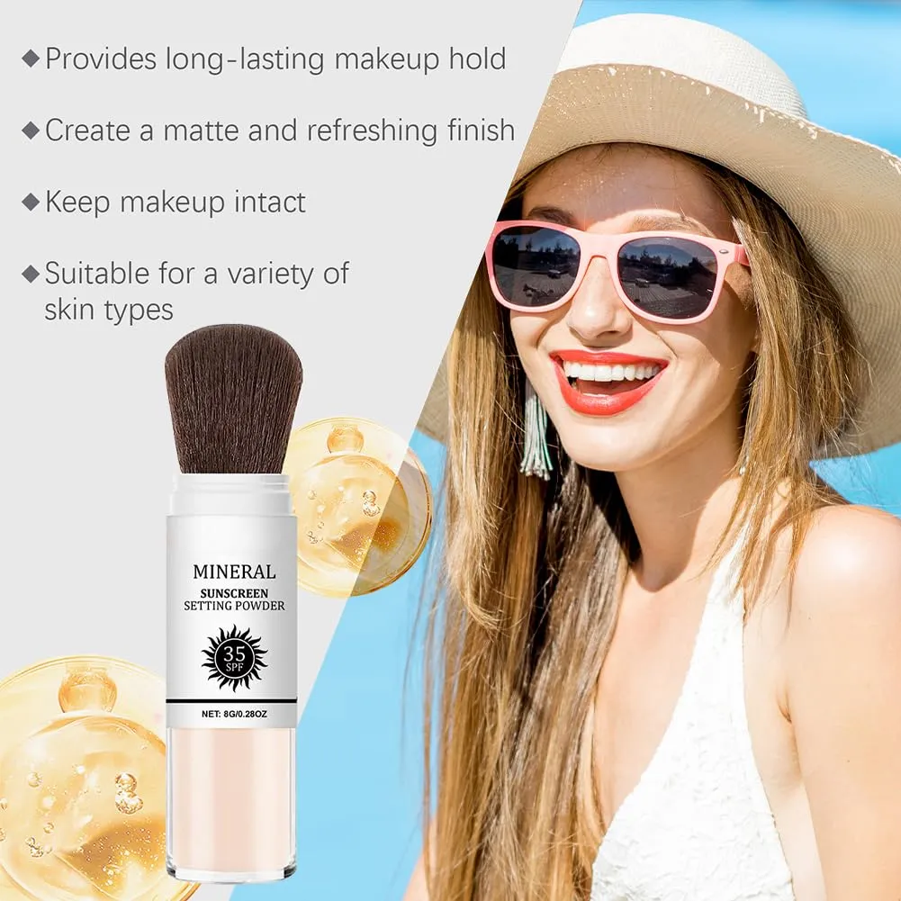 Mineral Sunscreen Setting Powder,Brush Sunscreen Powder for Face,Oil Control,Matte Finish,Breathable and Long Lasting,Sunblock Loose Setting Face Powders for All Skin Types (white, 2 pcs)