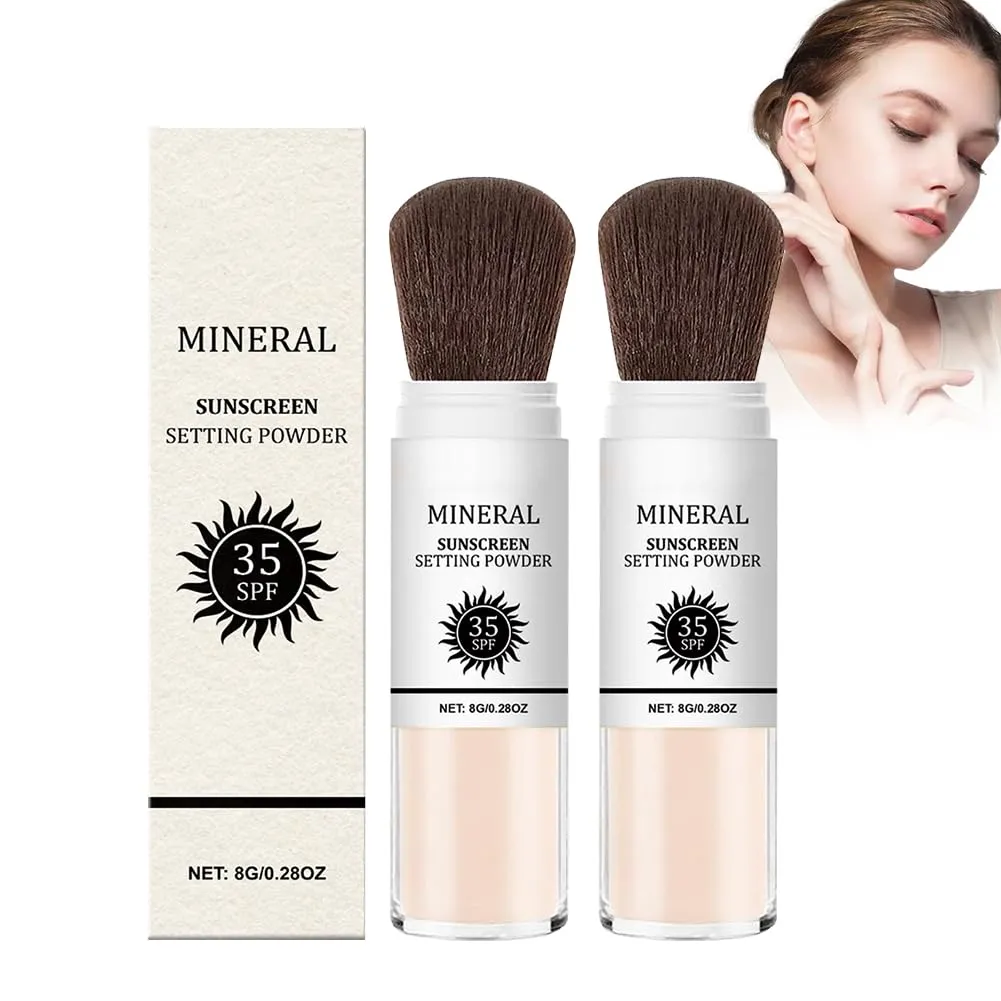 Mineral Sunscreen Setting Powder,Brush Sunscreen Powder for Face,Oil Control,Matte Finish,Breathable and Long Lasting,Sunblock Loose Setting Face Powders for All Skin Types (white, 2 pcs)