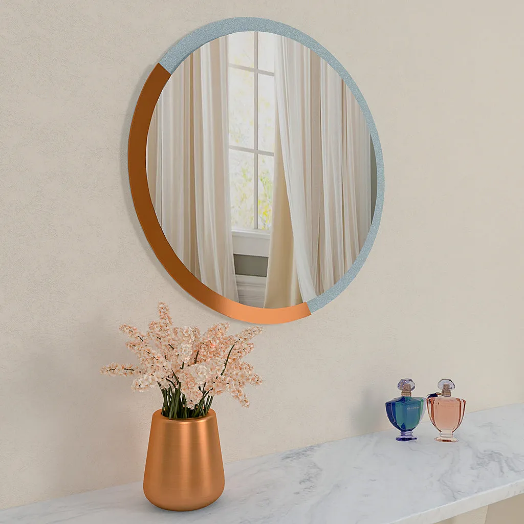 Minimalist Copper & Silver Finish Round Wooden Wall Mirror
