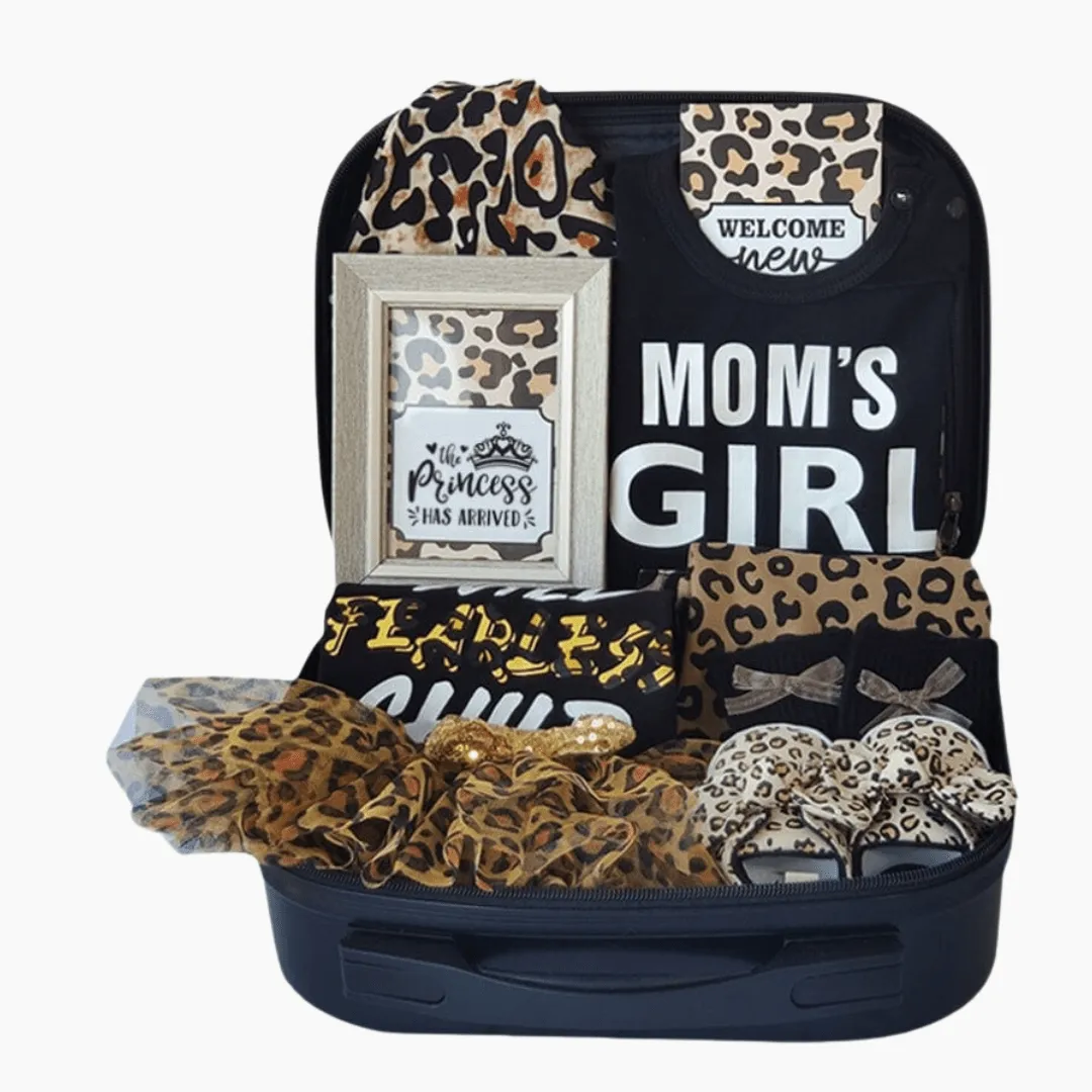 Momorii Baby Girl Gift Set, Leopard Theme, Jumpsuit, Romper, Socks, Beanie, In A Suitcase