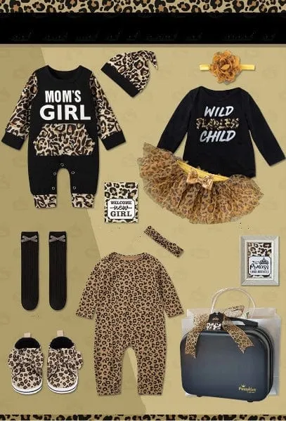 Momorii Baby Girl Gift Set, Leopard Theme, Jumpsuit, Romper, Socks, Beanie, In A Suitcase