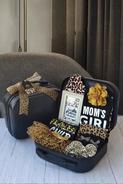 Momorii Baby Girl Gift Set, Leopard Theme, Jumpsuit, Romper, Socks, Beanie, In A Suitcase