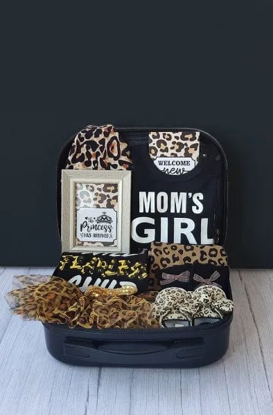 Momorii Baby Girl Gift Set, Leopard Theme, Jumpsuit, Romper, Socks, Beanie, In A Suitcase