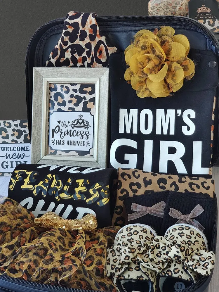Momorii Baby Girl Gift Set, Leopard Theme, Jumpsuit, Romper, Socks, Beanie, In A Suitcase