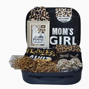 Momorii Baby Girl Gift Set, Leopard Theme, Jumpsuit, Romper, Socks, Beanie, In A Suitcase