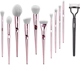 MSQ 10pcs Pink Picasso Synthetic Hair Makeup Brushes Set and 1PCS Eyelash Comb Curler Eyelash Separator Mascara Applicator