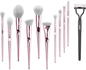 MSQ 10pcs Pink Picasso Synthetic Hair Makeup Brushes Set and 1PCS Eyelash Comb Curler Eyelash Separator Mascara Applicator