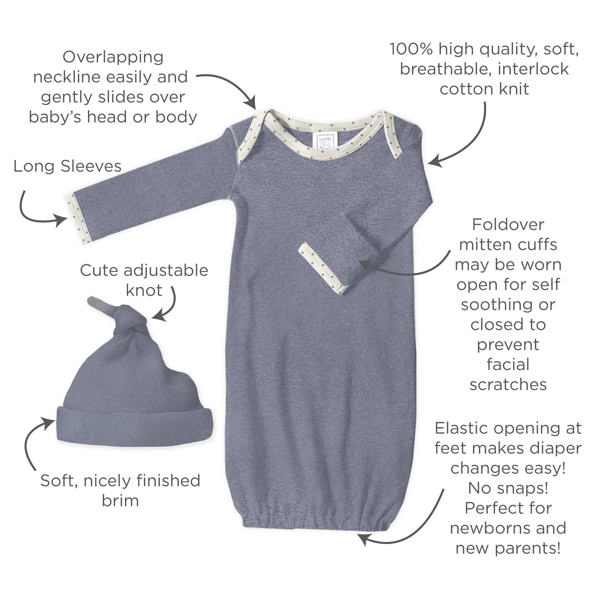 Muslin Swaddle 3-Pack, Pajama Gown and Hat Gift Set - Heathered Denim, Newborn