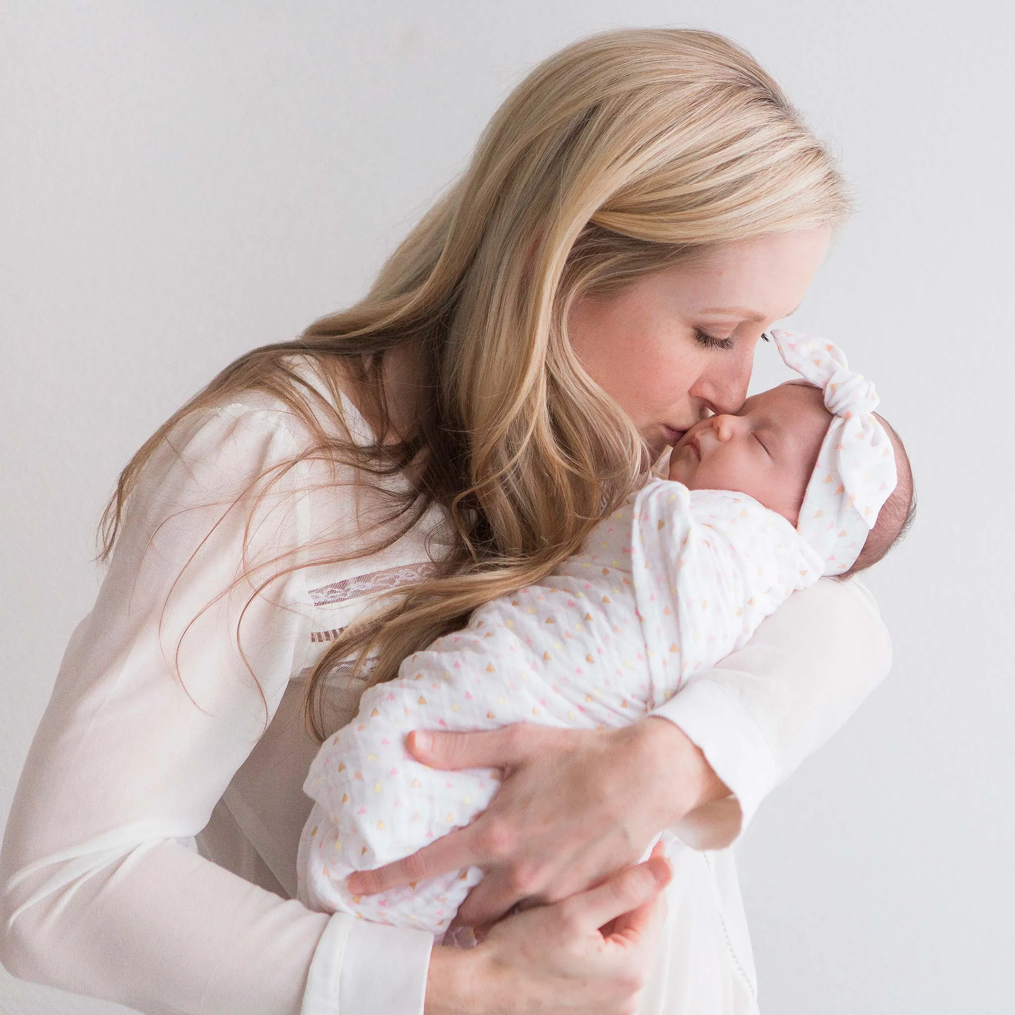 Muslin Swaddle Blanket   Muslin Headband Gift Set -  Tiny Triangles, Pinks with a Touch of Gold Shimmer