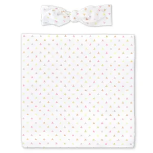 Muslin Swaddle Blanket   Muslin Headband Gift Set -  Tiny Triangles, Pinks with a Touch of Gold Shimmer