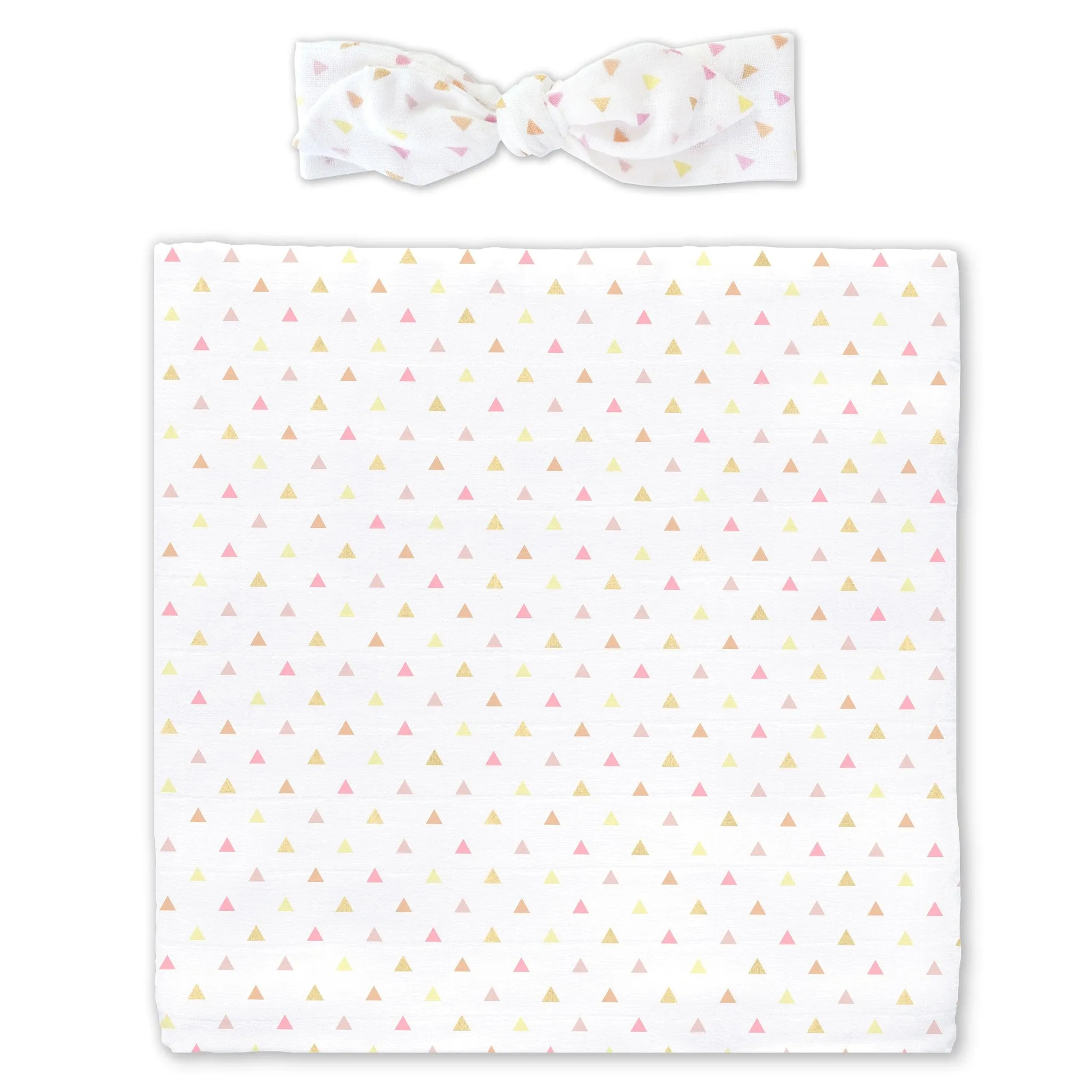Muslin Swaddle Blanket   Muslin Headband Gift Set -  Tiny Triangles, Pinks with a Touch of Gold Shimmer