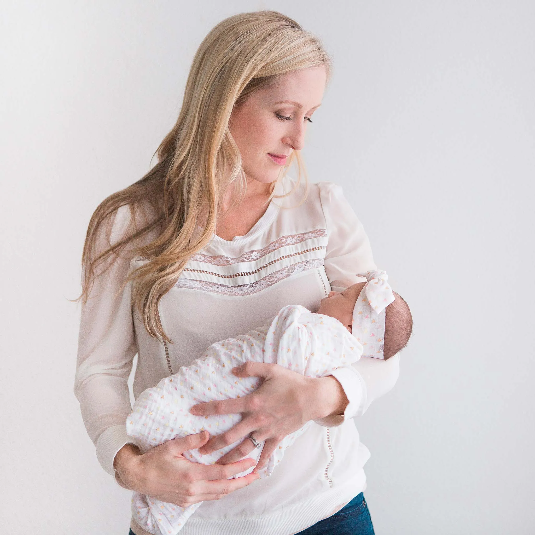 Muslin Swaddle Blanket   Muslin Headband Gift Set -  Tiny Triangles, Pinks with a Touch of Gold Shimmer