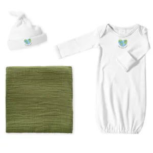 Muslin Swaddle   Pajama Gown   Hat Newborn Gift Set - Green Turtle Muslin Blanket   Love Mama Earth Hat   Pajama Gown