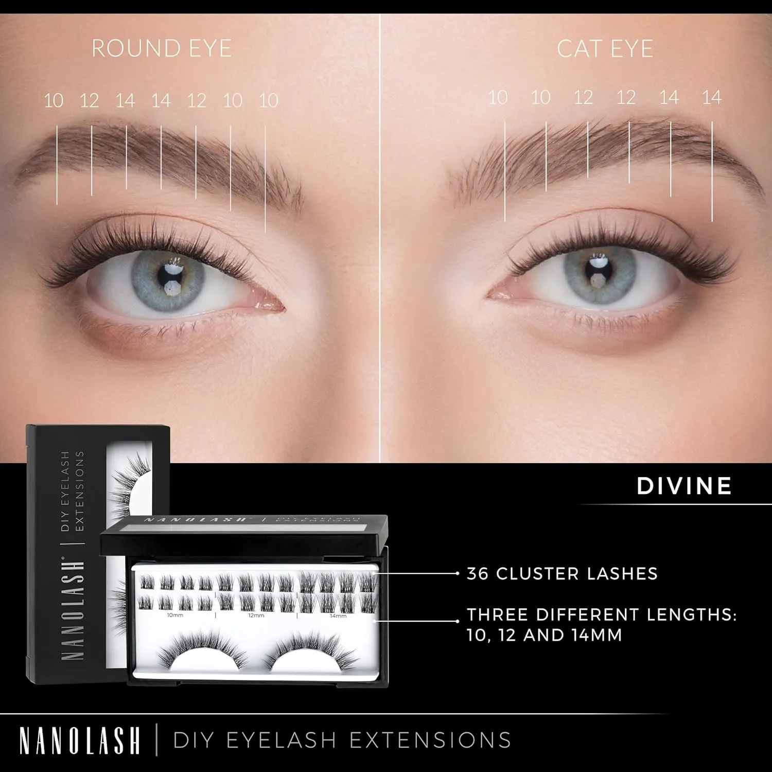 Nanolash DIY Eyelash Extensions 36 pcs - cluster lashes DIY, cluster false eyelashes for lash extensions at home, individual cluster lashes (DIVINE)
