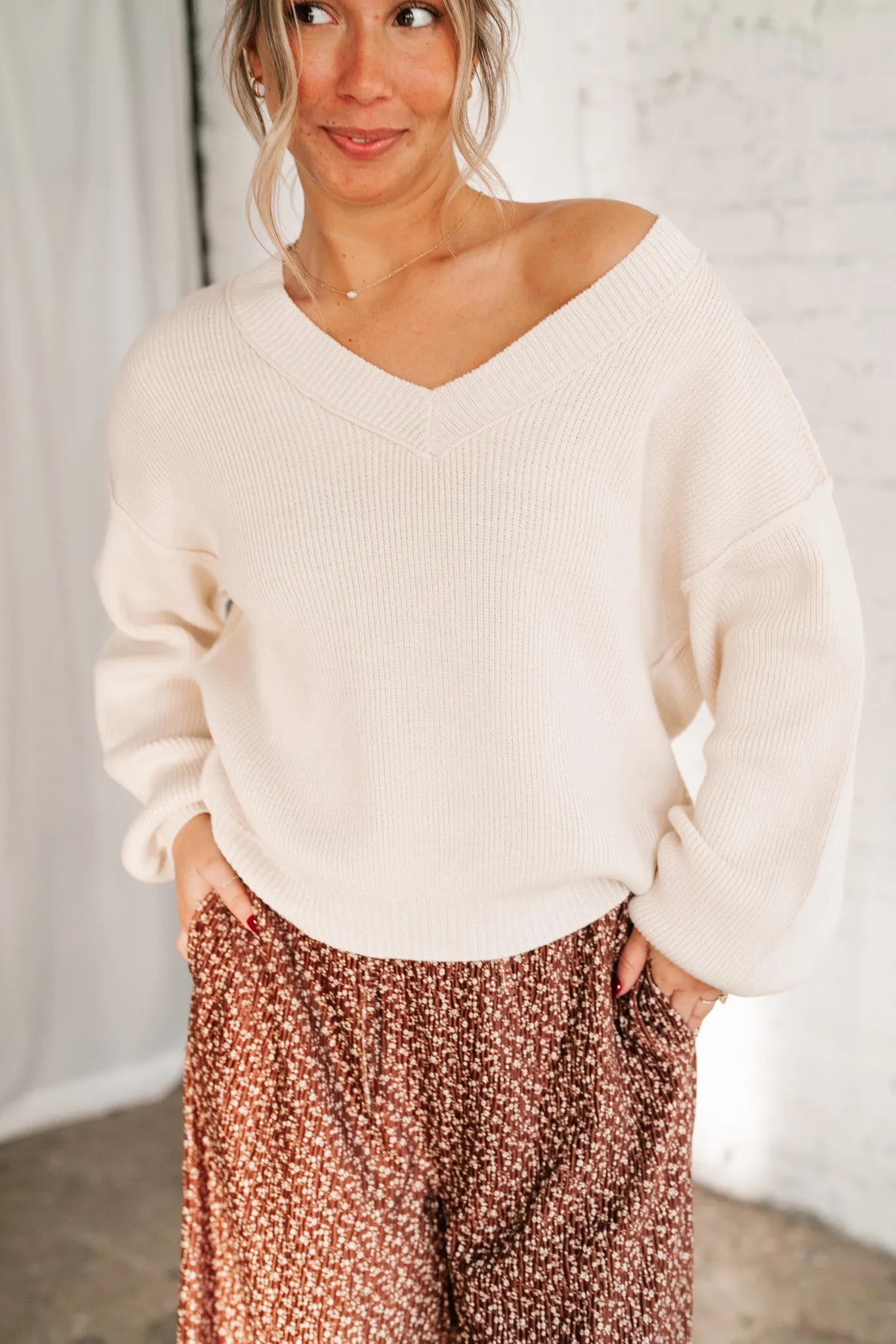 New In Neutral V-Neck Knit Sweater
