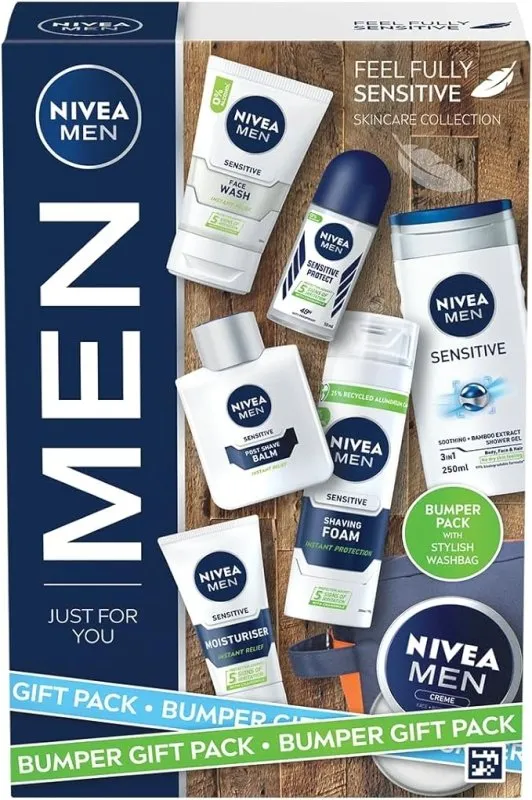 NIVEA MEN Feel Fully Sensitive Skincare Collection Bumper Gift Pack, with Shower Gel, Anti-Perspirant, Face Wash Balm and Moisturizer